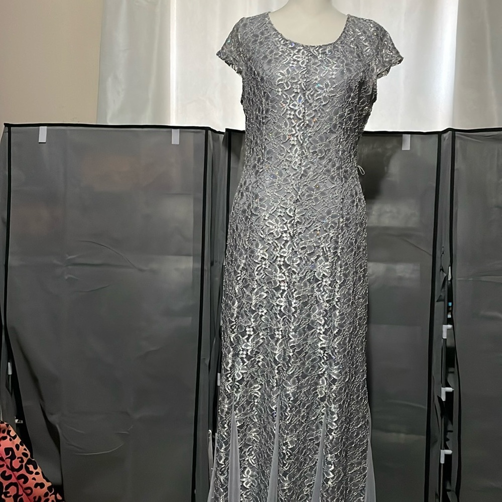 Silver gown is a size Small, with shimmer and shine throughout, pleat inserts